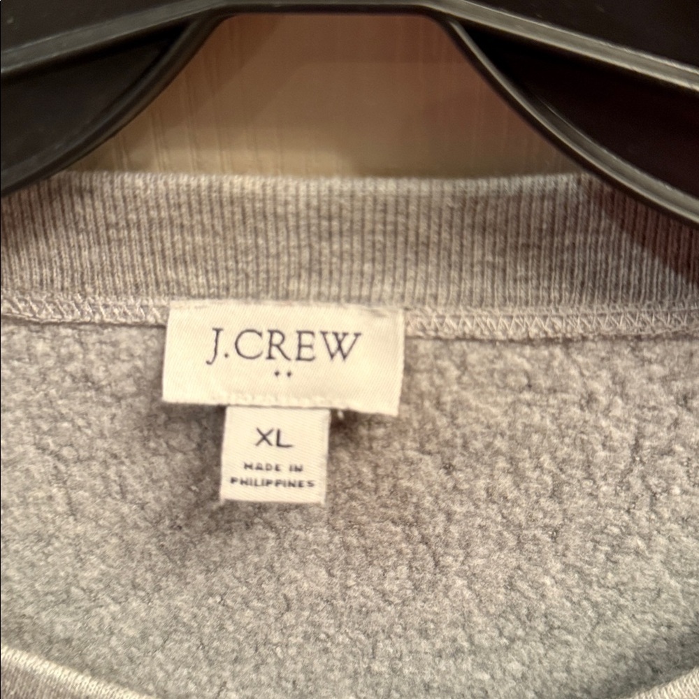 J. Crew gray pullover sweatshirt with navy, white, pink sleeves stripes. Size XL - Picture 2 of 4